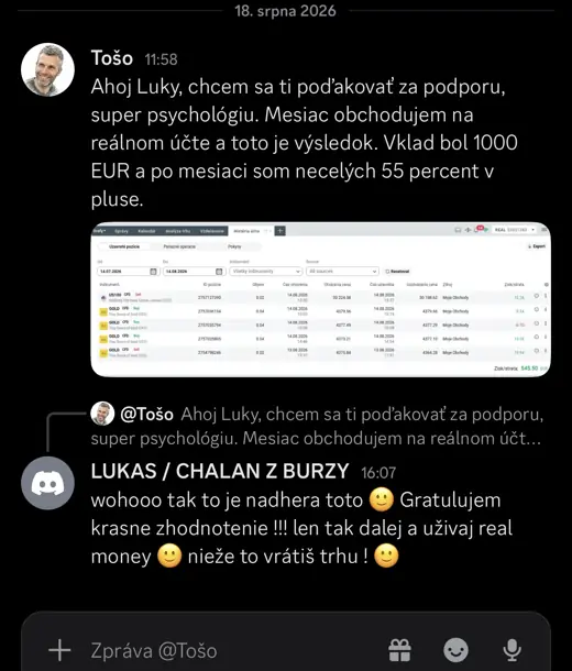 Poďakovanie člena komunity za podporu a psychológiu obchodovania