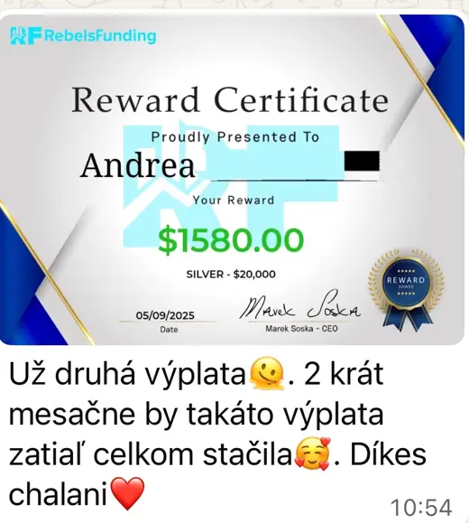 Certifikát o odmene 1 580 USD — už druhá výplata členky