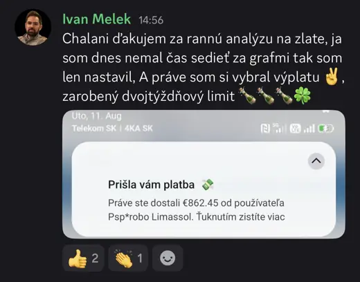 Správa člena komunity o vyplatenej výplate z obchodovania
